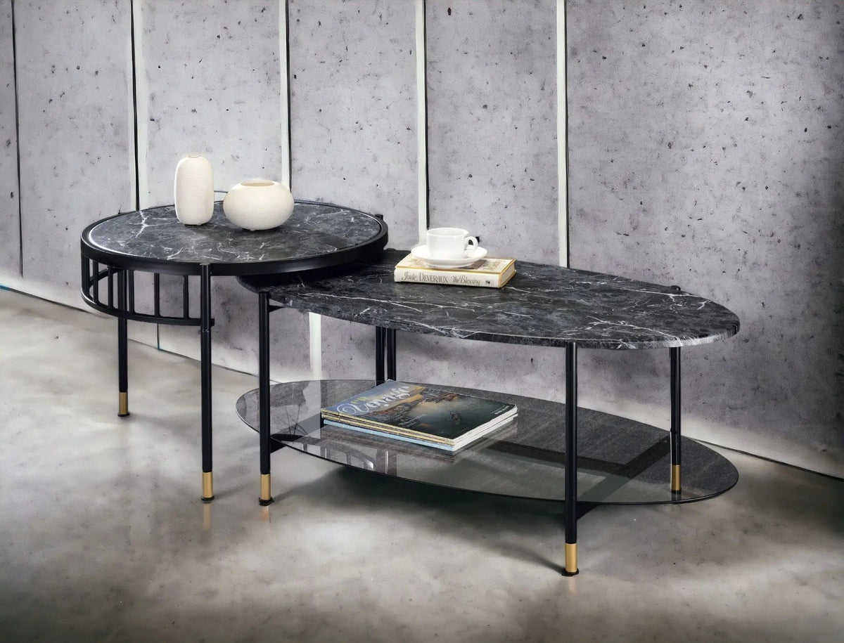 Silas Nesting Table Set | Black | Engineered Stone Top | Oval Coffee Table With Lower Shelf