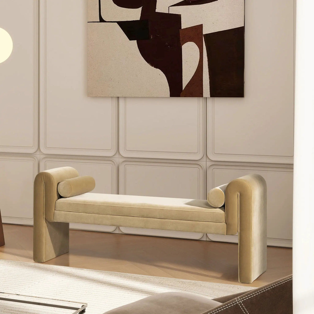 Mason Arched Arm Bench With Bolster Pillows | 60.5 x 18 x 25 in | Velvet & Polyester | Camel Brown Beige