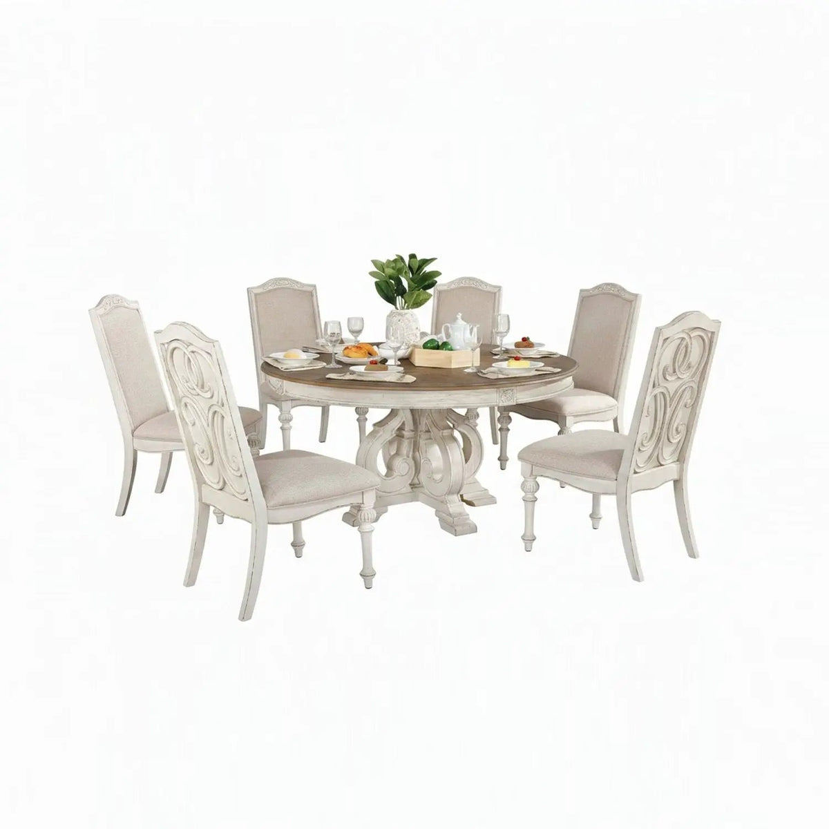 Round Dining Set | 7-Piece | Rustic Style | Pedestal Base Table With Side Chairs