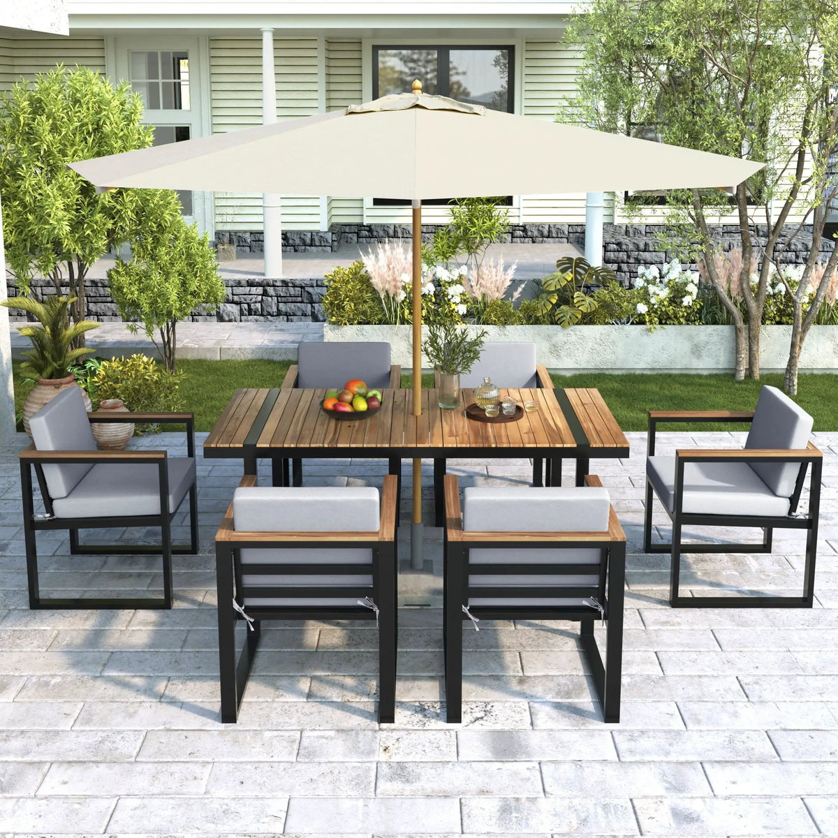7-Piece Outdoor Dining Set | Acacia Wood And Steel Frame | Removable Cushions | Patio Table And Chairs