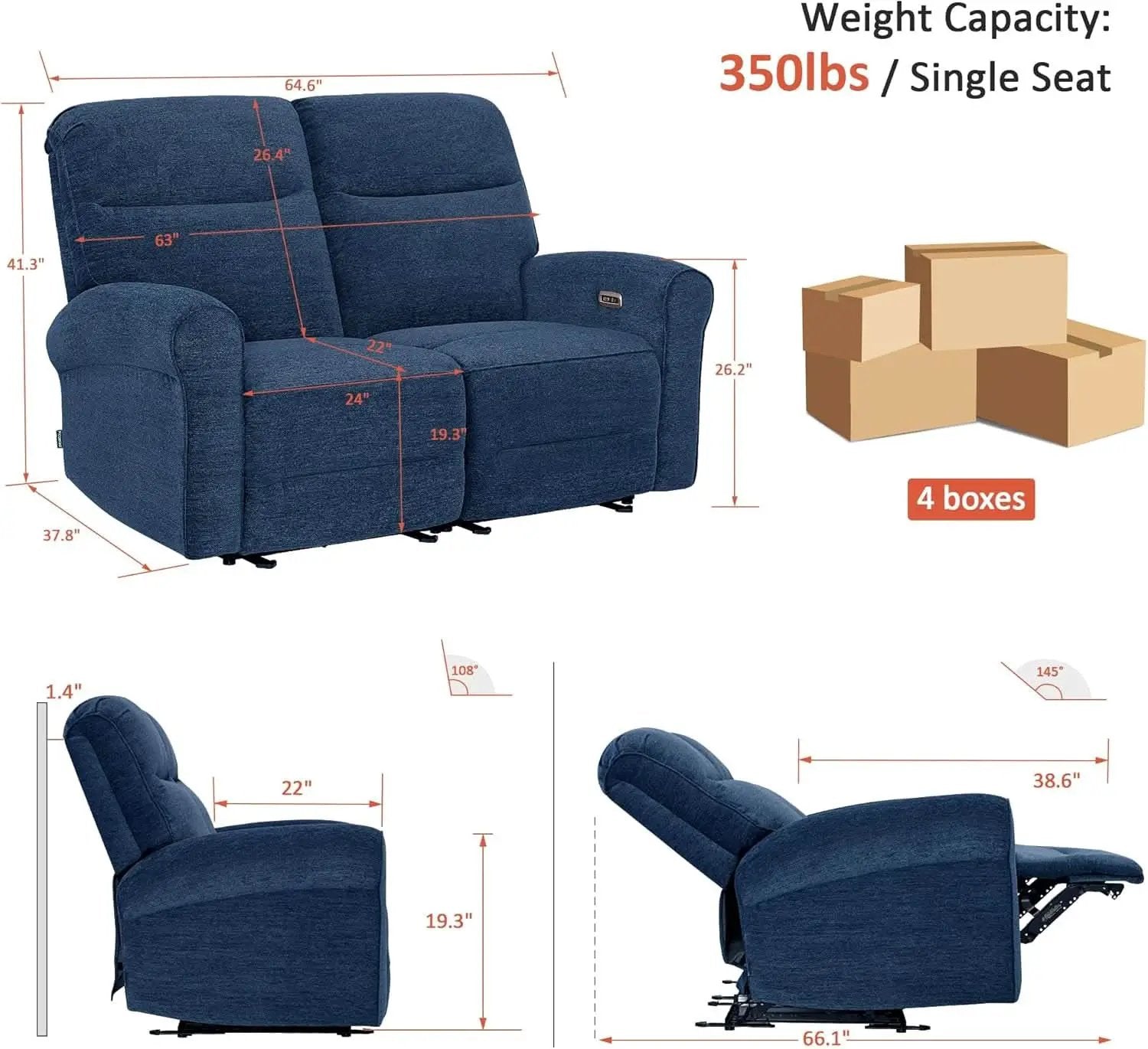 64.6 Inch Wall Hugger Loveseat Navy Blue Space Saving from PriceLows™