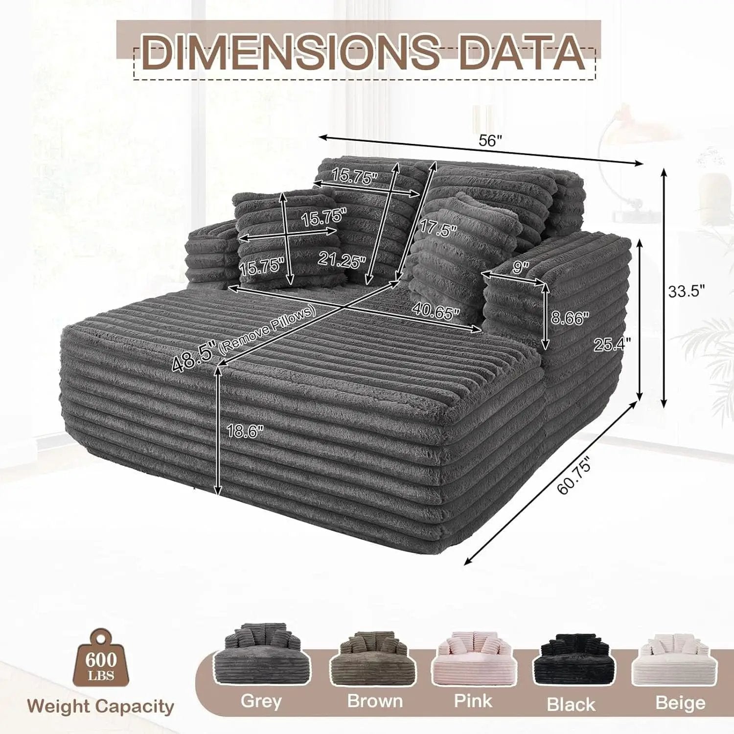56 Inch Grey Ultra Deluxe Chaise Lounge Chair Cushioned from PriceLows™