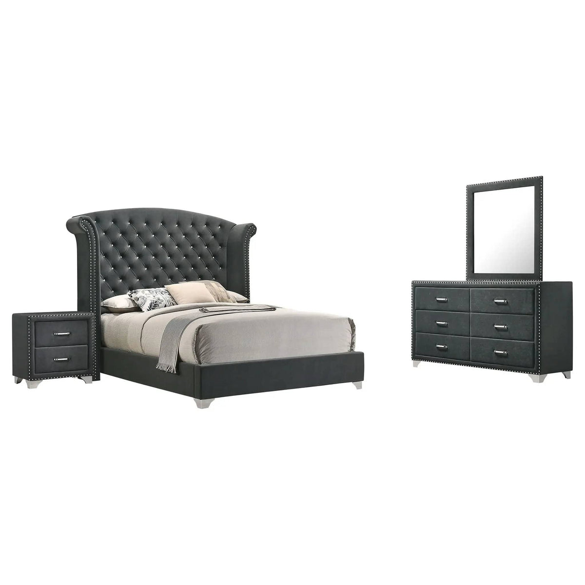 Melody 4-piece Eastern King Bedroom Set | 4-Piece Set | Velvet | Grey