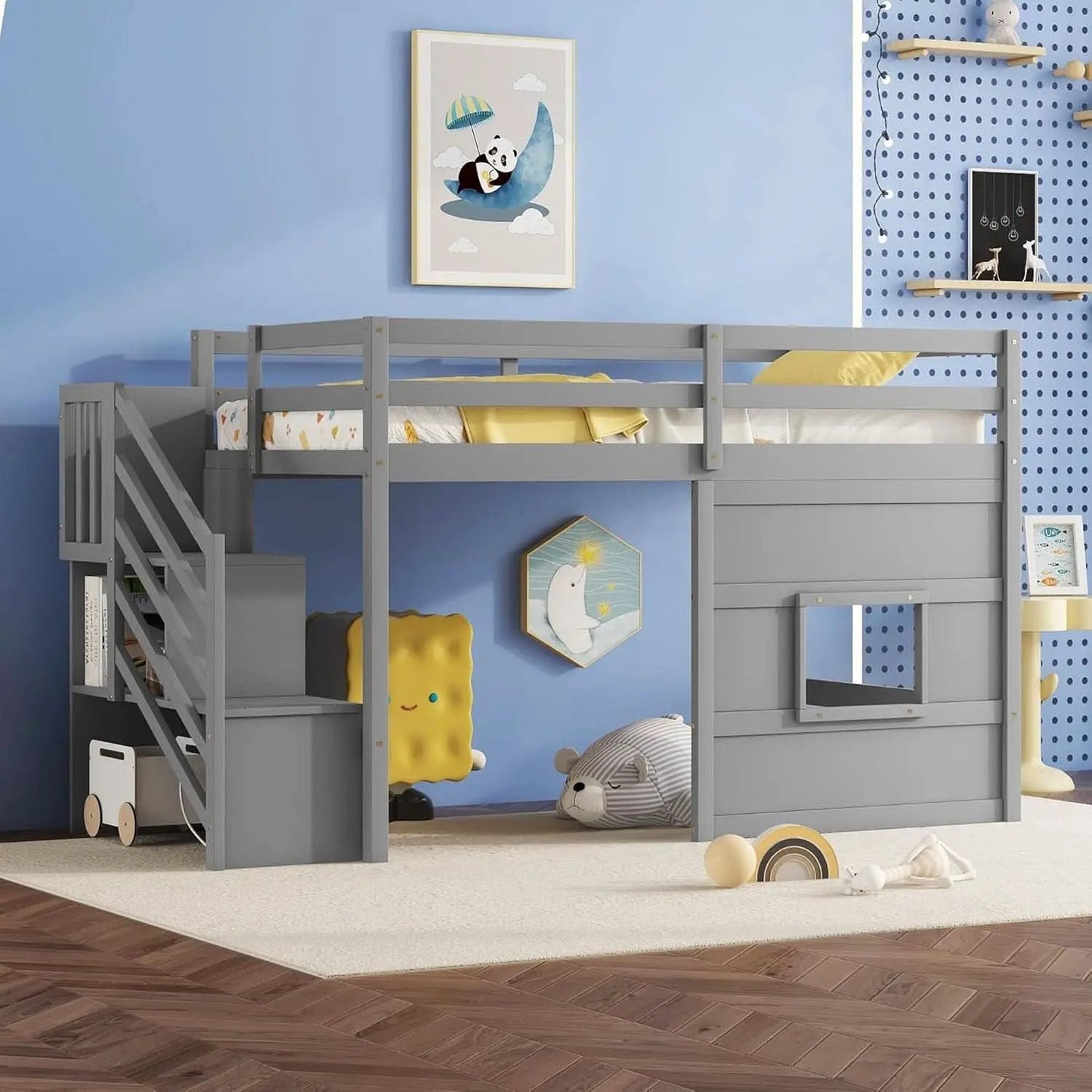 Twin Size Low Loft Bed In Gray With Stairs Storage from PriceLows™