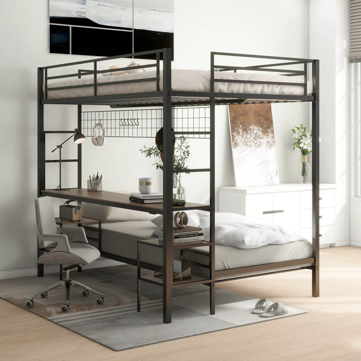 Ethan Bunk Bed With Desk, Charging Station, Storage Shelves | 2 Pieces | Metal | Bedroom