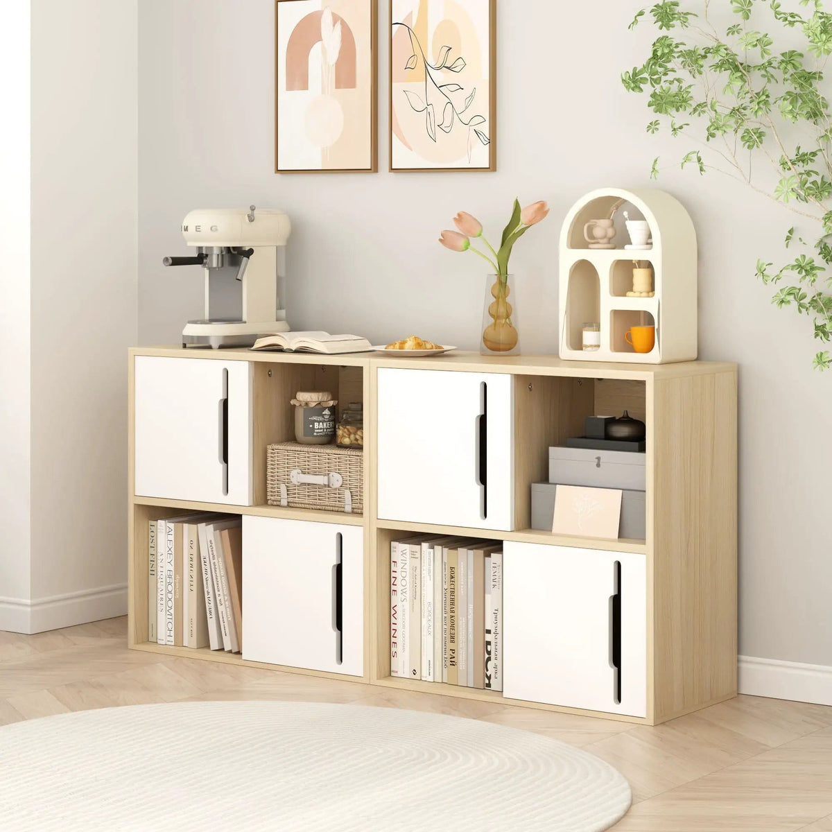 Storage Cabinet With Sliding Doors, 2 Tier Open And Closed Shelves Organizer Natural | 23.62 x 11.81 x 23.62 in | Mdf & Wood | White