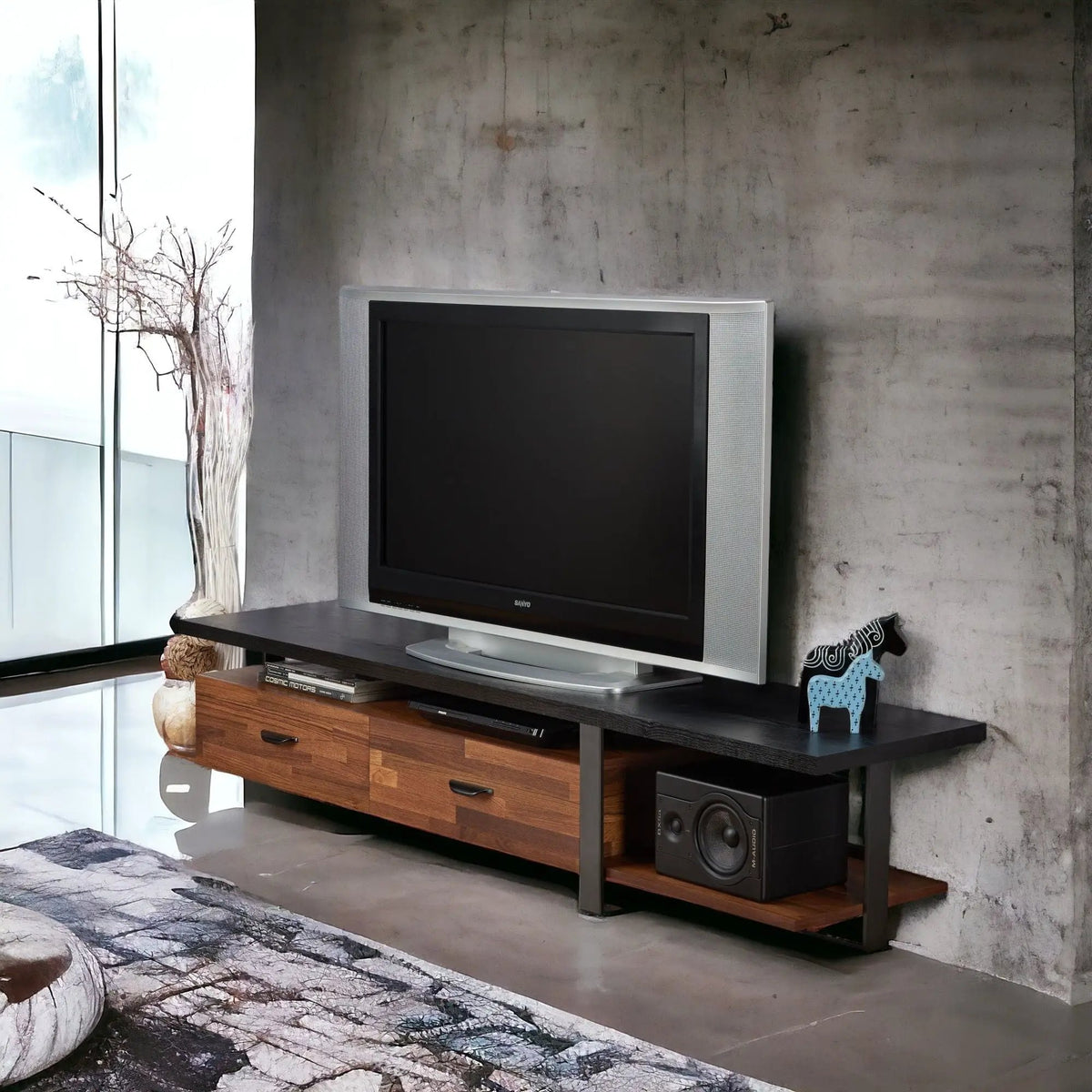 Elling TV Stand | Walnut And Black | Fits TVs Up To 55 Inch | Ball-Bearing Drawer Glides