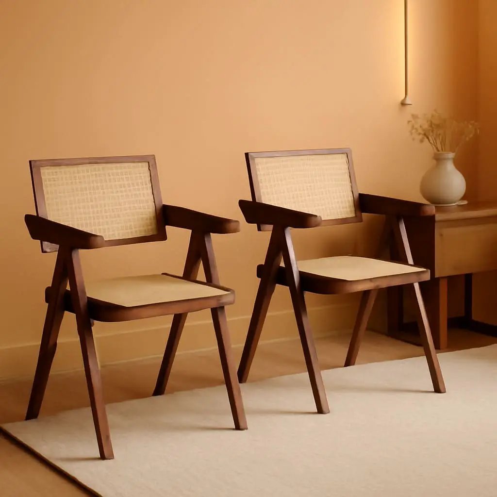 Walnut Rattan Dining Chairs Set Of 2 Ergonomic Back from PriceLows™