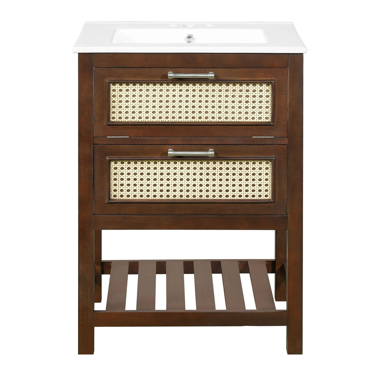 Modern Bathroom Vanity With Integrated Sink, Cabinet With 1 Deep Drawer And 1 | 2 Pieces | Solid Wood & Rattan | Bathroom