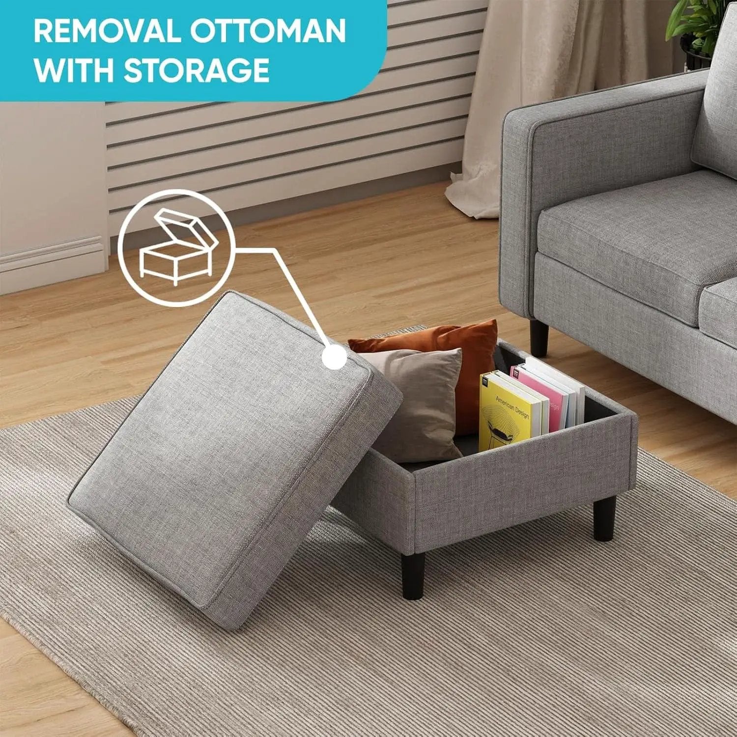 6 Seater Linen Fabric Sectional Sofa With Movable Storage Ottoman Light Grey from PriceLows™