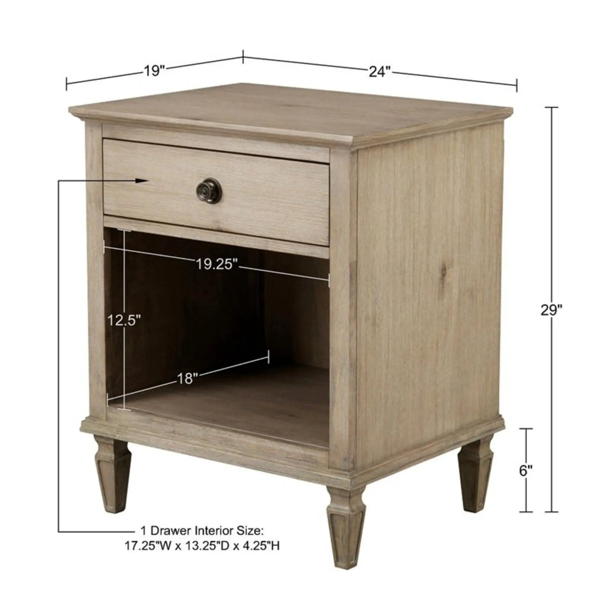 Victoria Nightstand | French-Inspired Design | Wire Brush Finish | 1 Drawer And Open Shelf