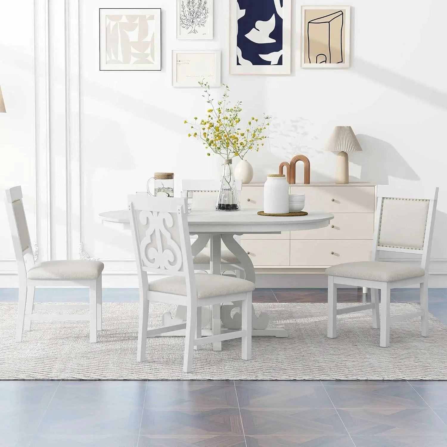 Round Solid Wood Dining Table Set Four from PriceLows™