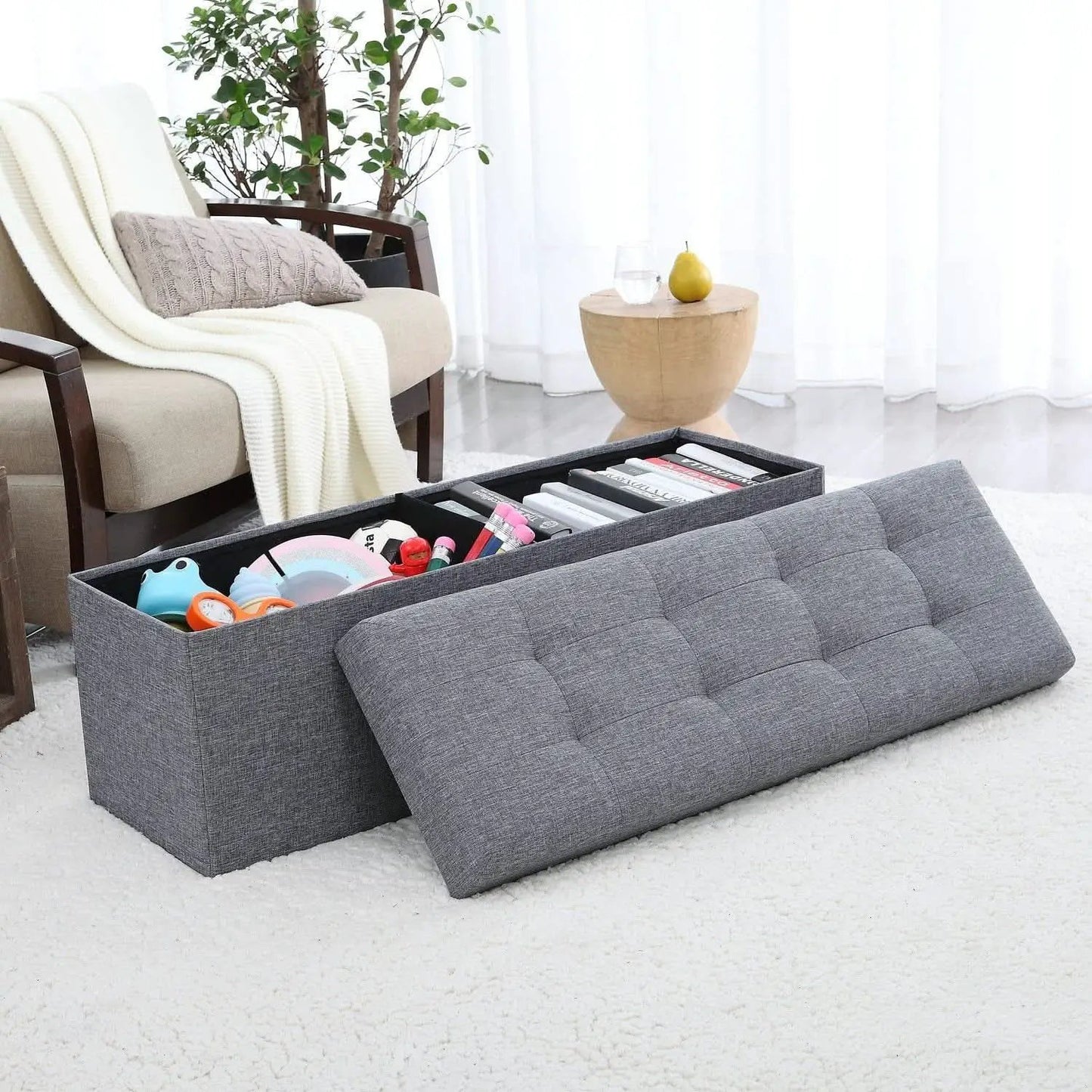 Gray 45 Inch Storage Ottoman Bench Durable Upholstery from PriceLows™