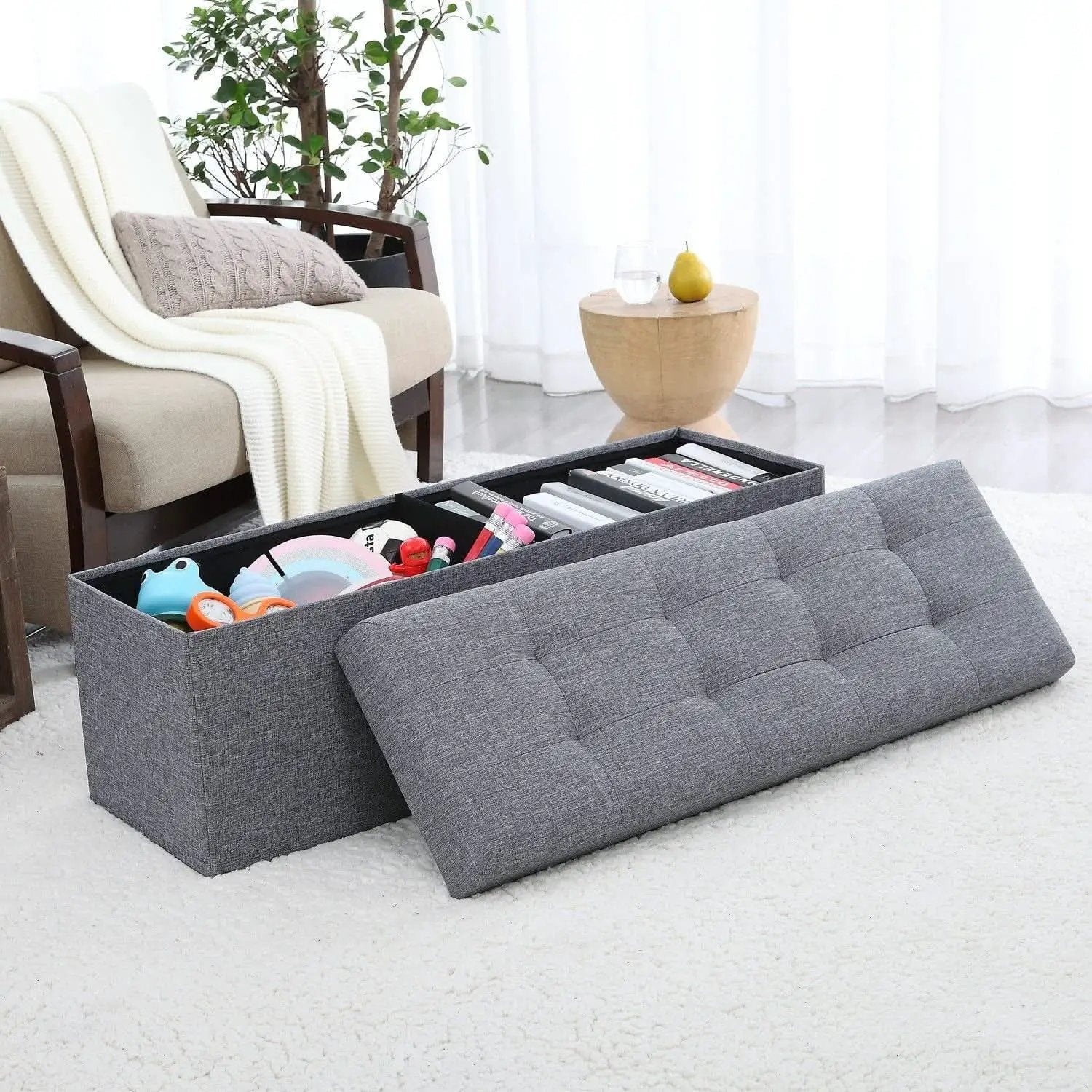 Gray 45 Inch Storage Ottoman Bench Durable Upholstery from PriceLows™