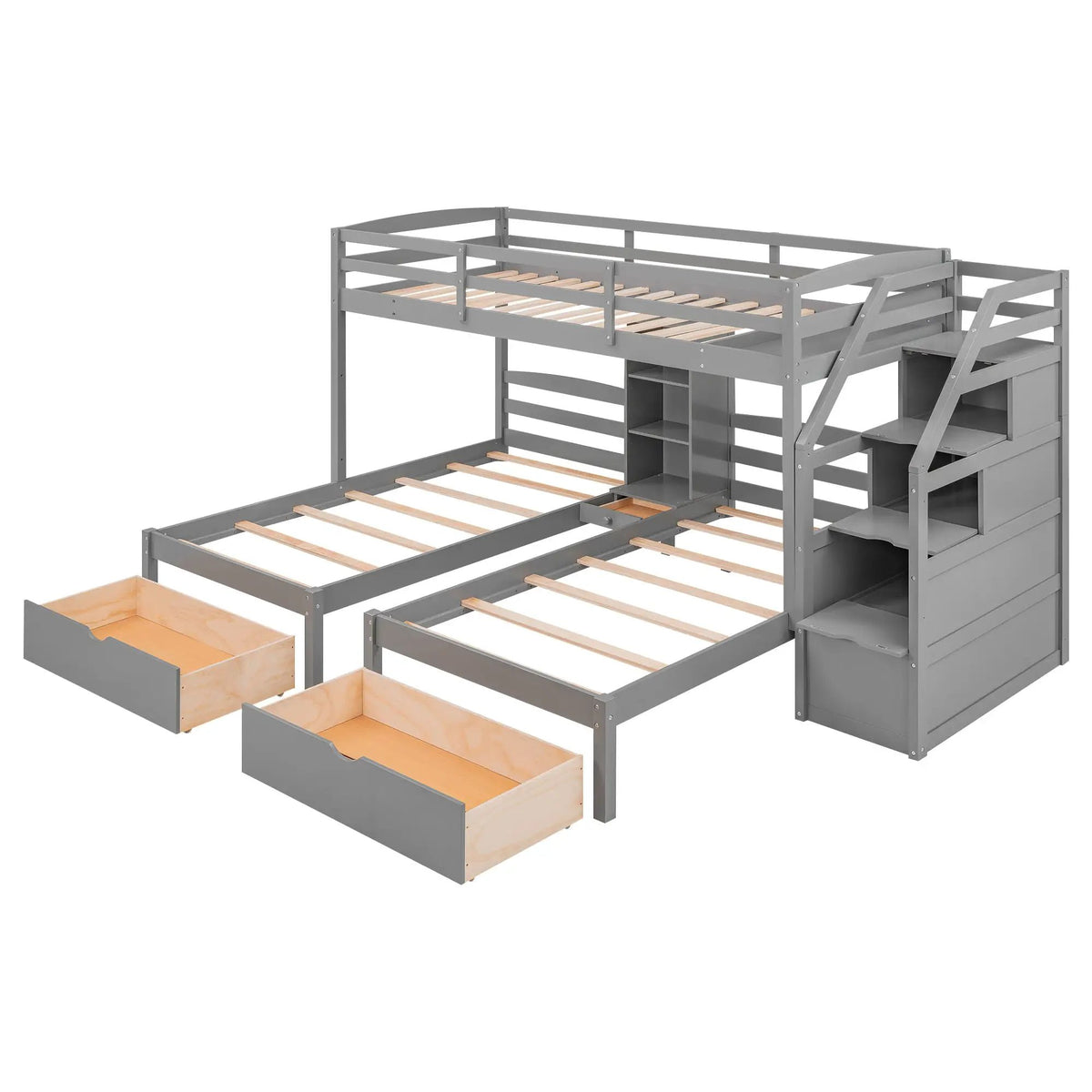 Twin Over Twin And Twin Bunk Bed | Drawers And Staircase Storage | Built-In Shelves | Gray