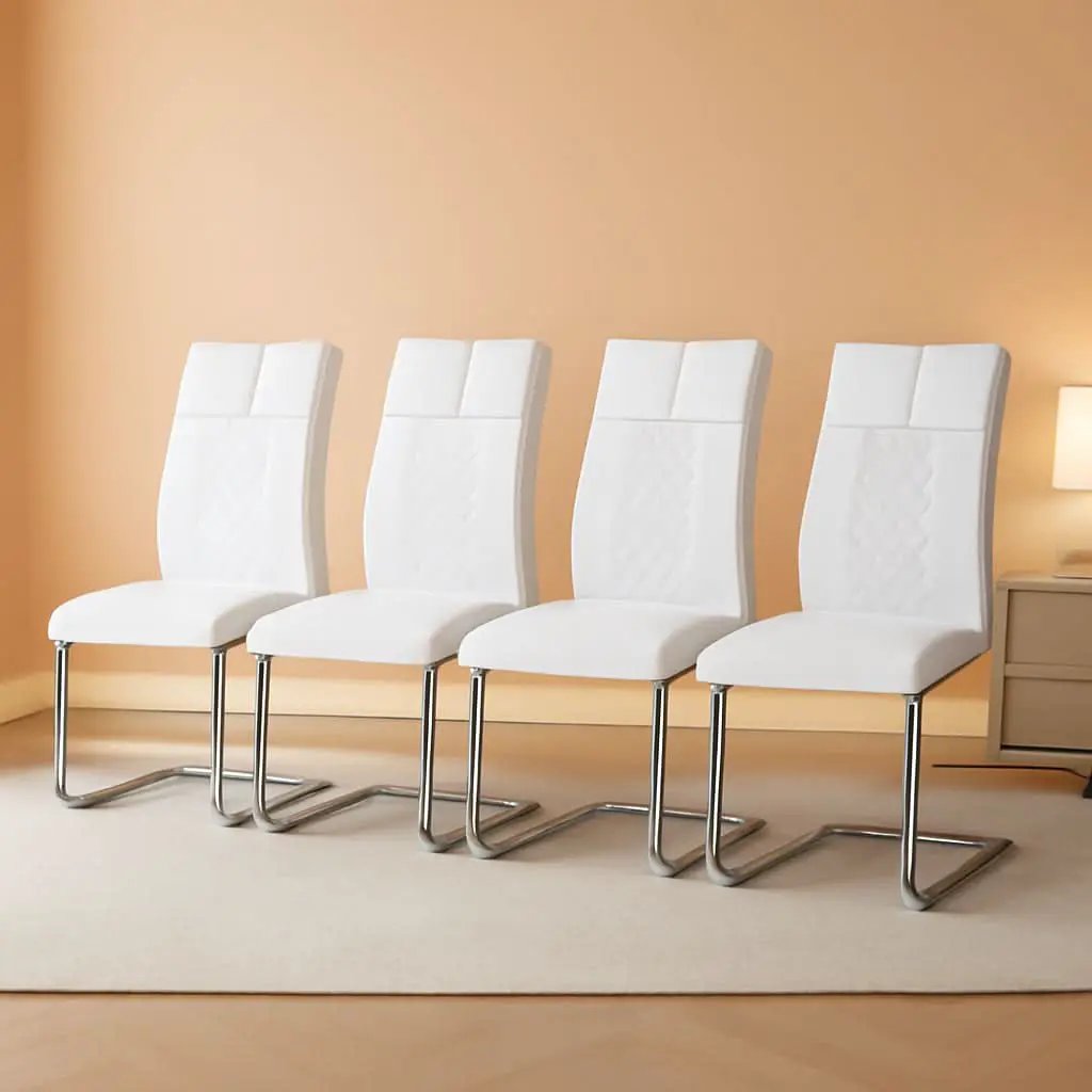 White Faux Leather Dining Chairs Four Pack Chrome Finish from PriceLows™