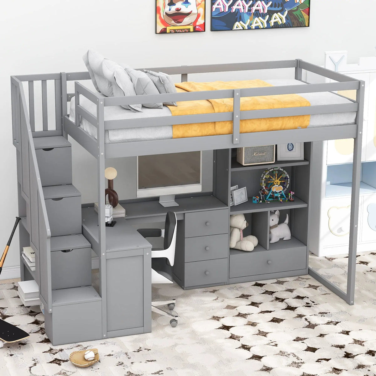 Loft Bed | L Shaped Desk | Storage Staircase | Built In Drawers