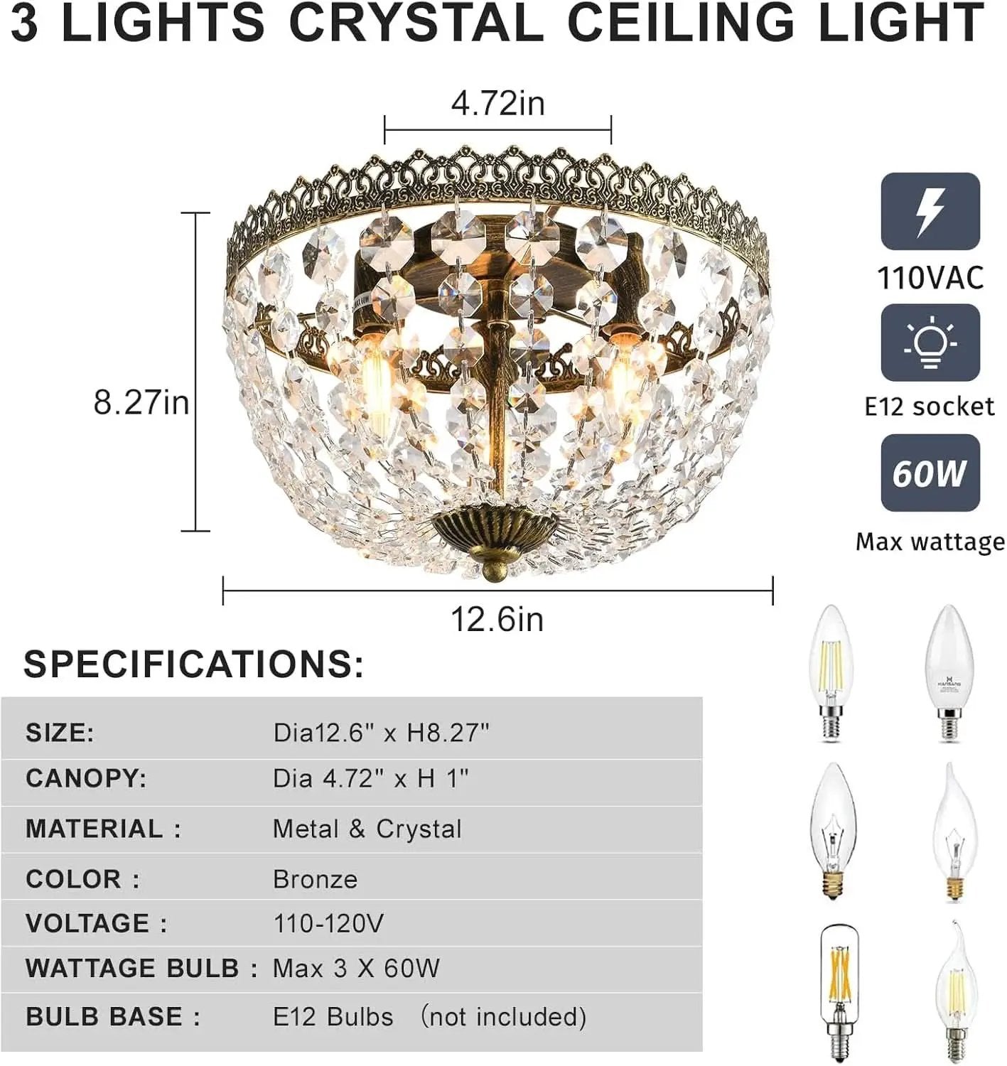 Three Light French Empire Crystal Chandelier Antique Bronze Dimmable Flush Mount from PriceLows™