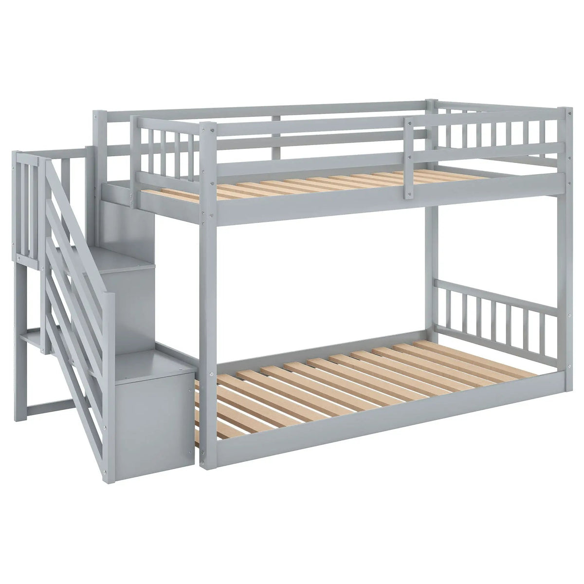 Floor Bunk Bed | Dual Guardrails | Ladder Storage | Twin Over Twin