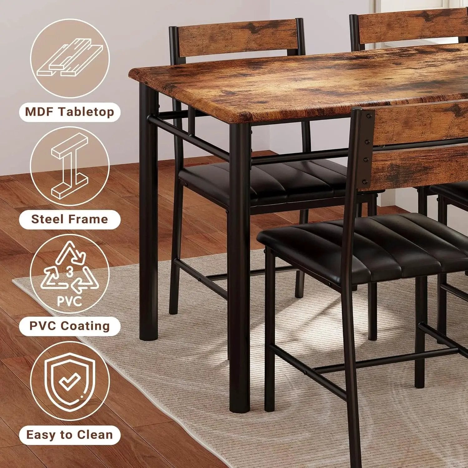 Dining Table Set For 4 Wood Kitchen Table With Upholstered Chairs Rustic Brown from PriceLows™