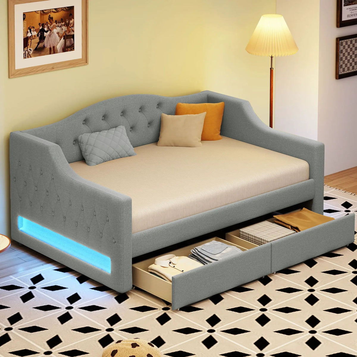 Daybed With LED Lights | Upholstered Trundle Daybed | Thickly Padded Sponge | 84 Inch Length