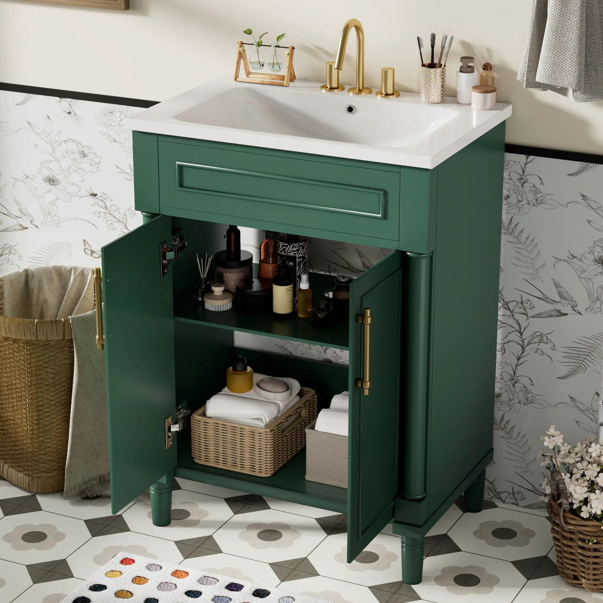 24 Inch Bathroom Vanity | Integrated Sink | 2 Door Cabinet | Small To Medium Bathrooms