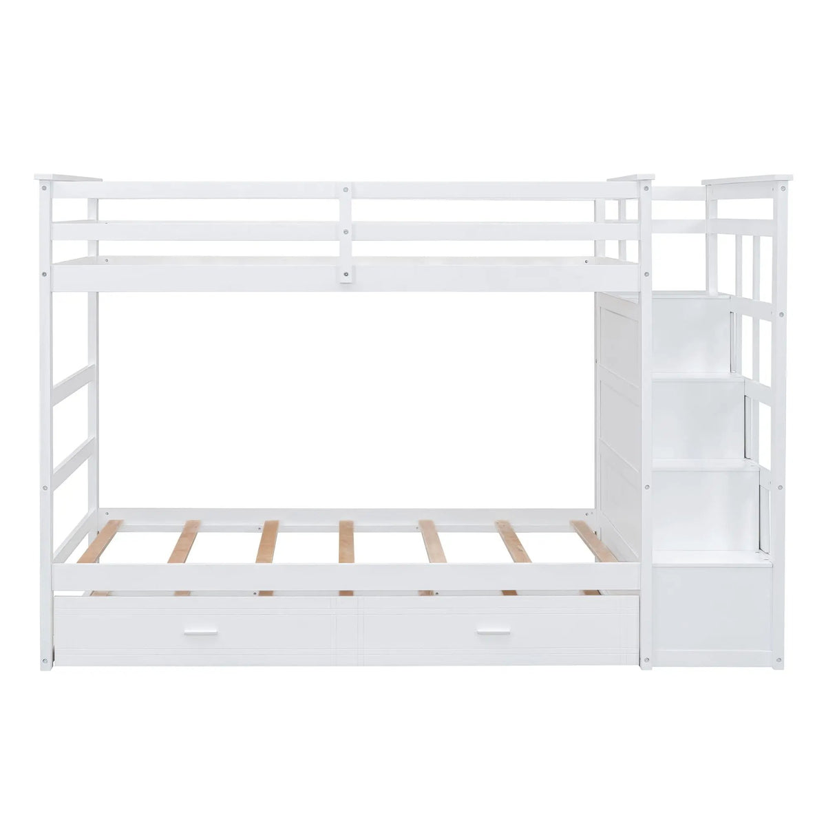 Twin Over Twin Bunk Bed | Trundle And Staircase | Multifunctional Storage Stairs | White
