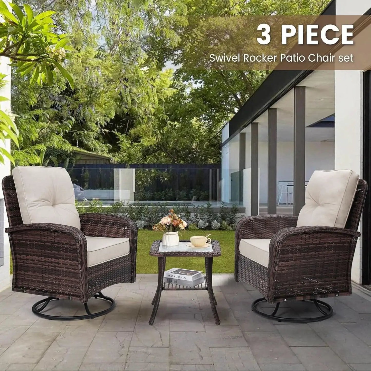 Two Outdoor Swivel Wicker Glider Patio Chairs With Table Set Brown Rattan And Beige Cushions from PriceLows™