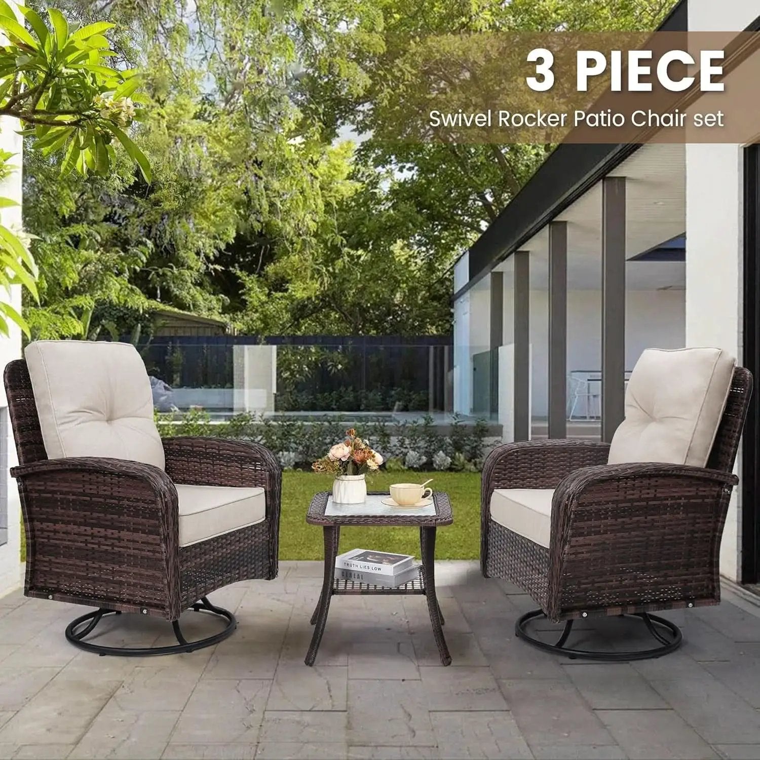 Two Outdoor Swivel Wicker Glider Patio Chairs With Table Set Brown Rattan And Beige Cushions from PriceLows™