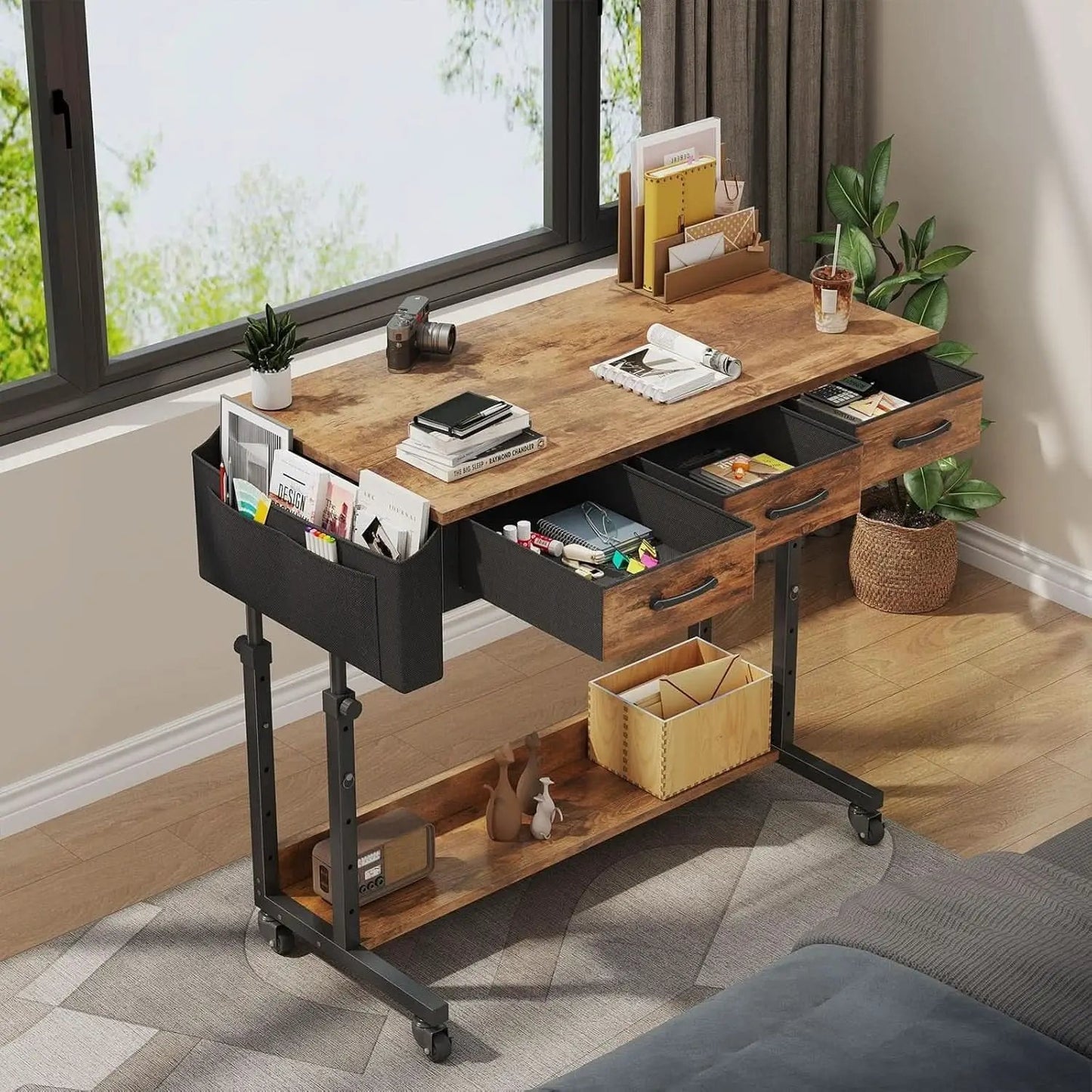 Rolling Height Adjustable Computer Desk With Drawers from PriceLows™