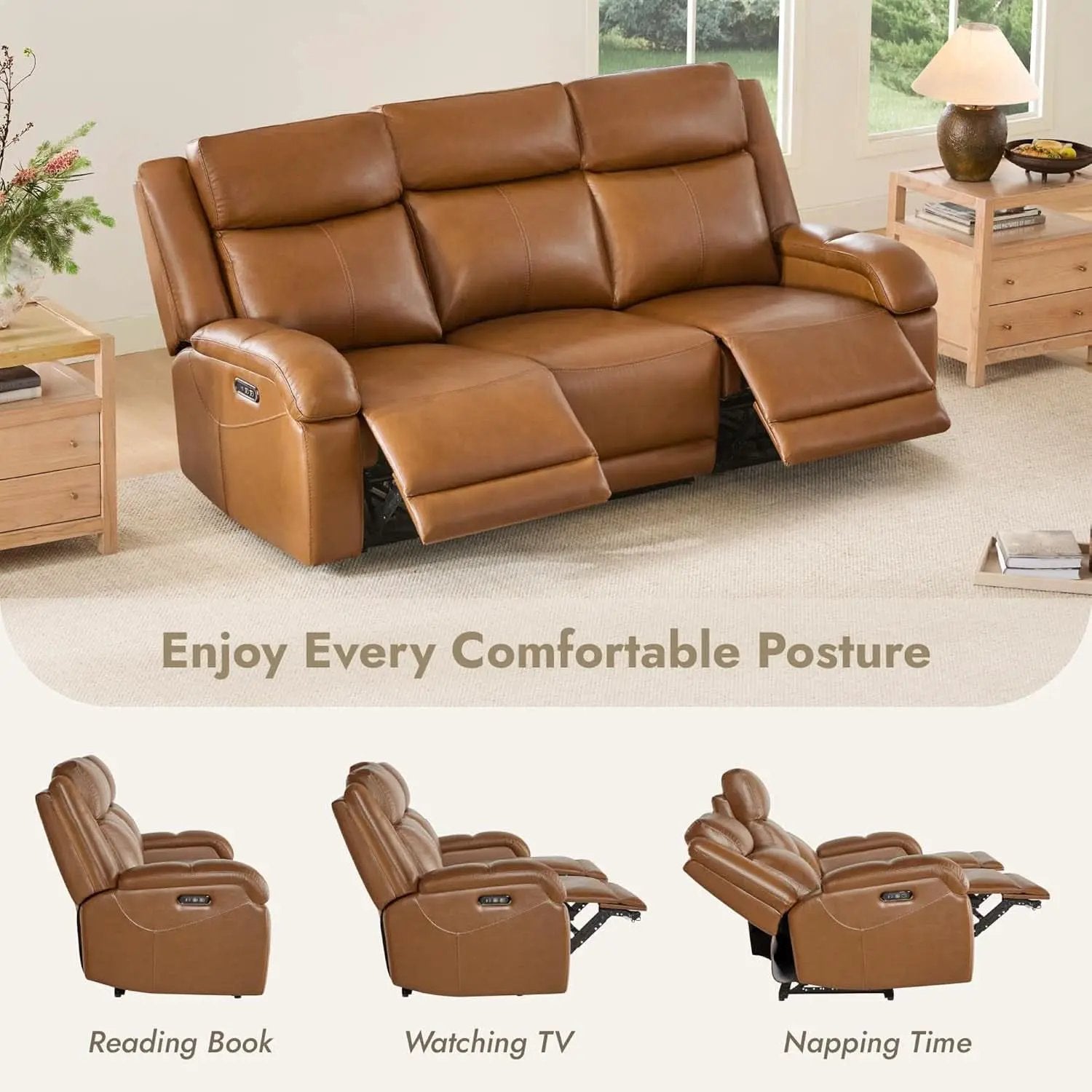 Genuine Leather Power Recliner Sofa 3 Seater USB Ports from PriceLows™