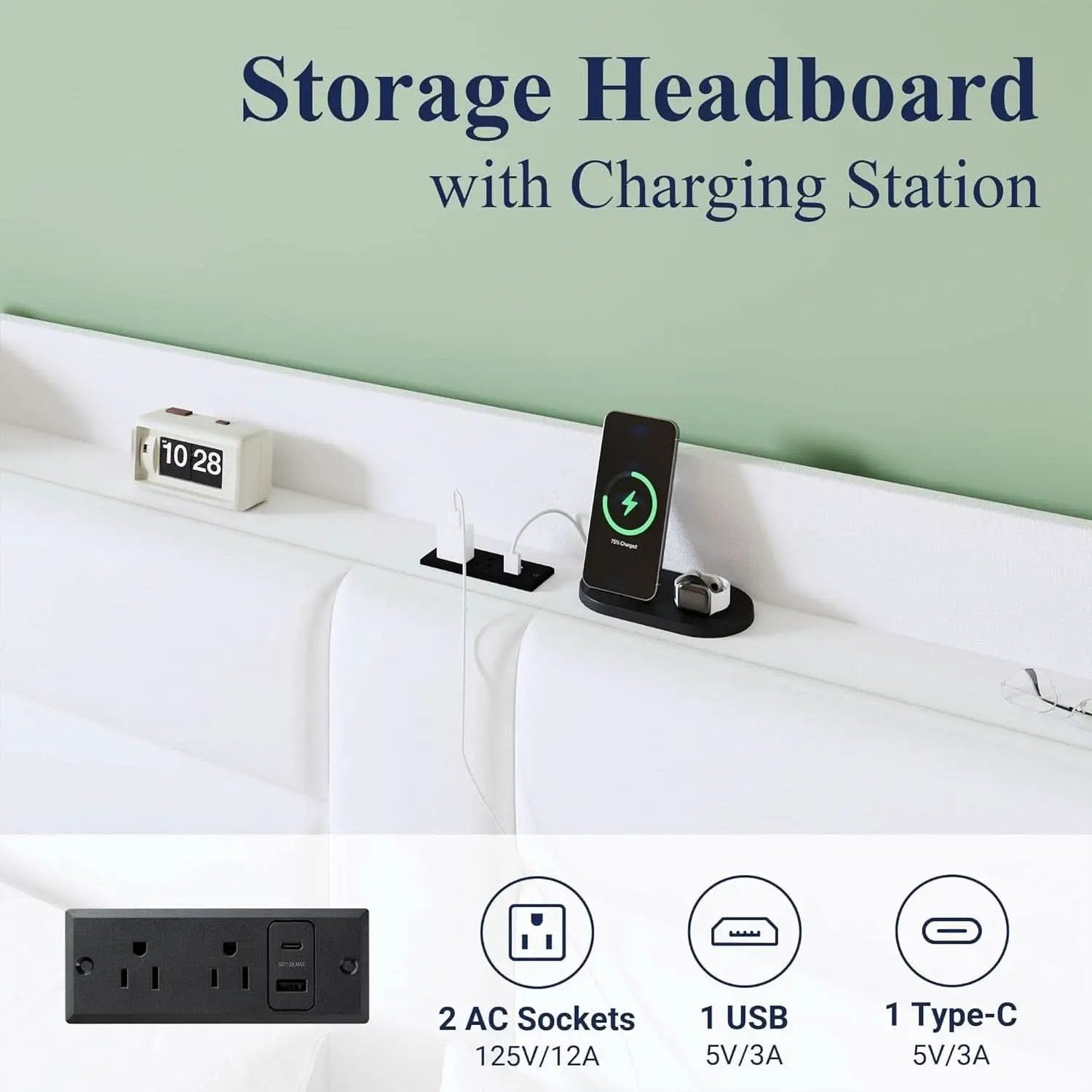 Full Size Platform Bed Frame With USB Charging Station And Storage Headboard from PriceLows™