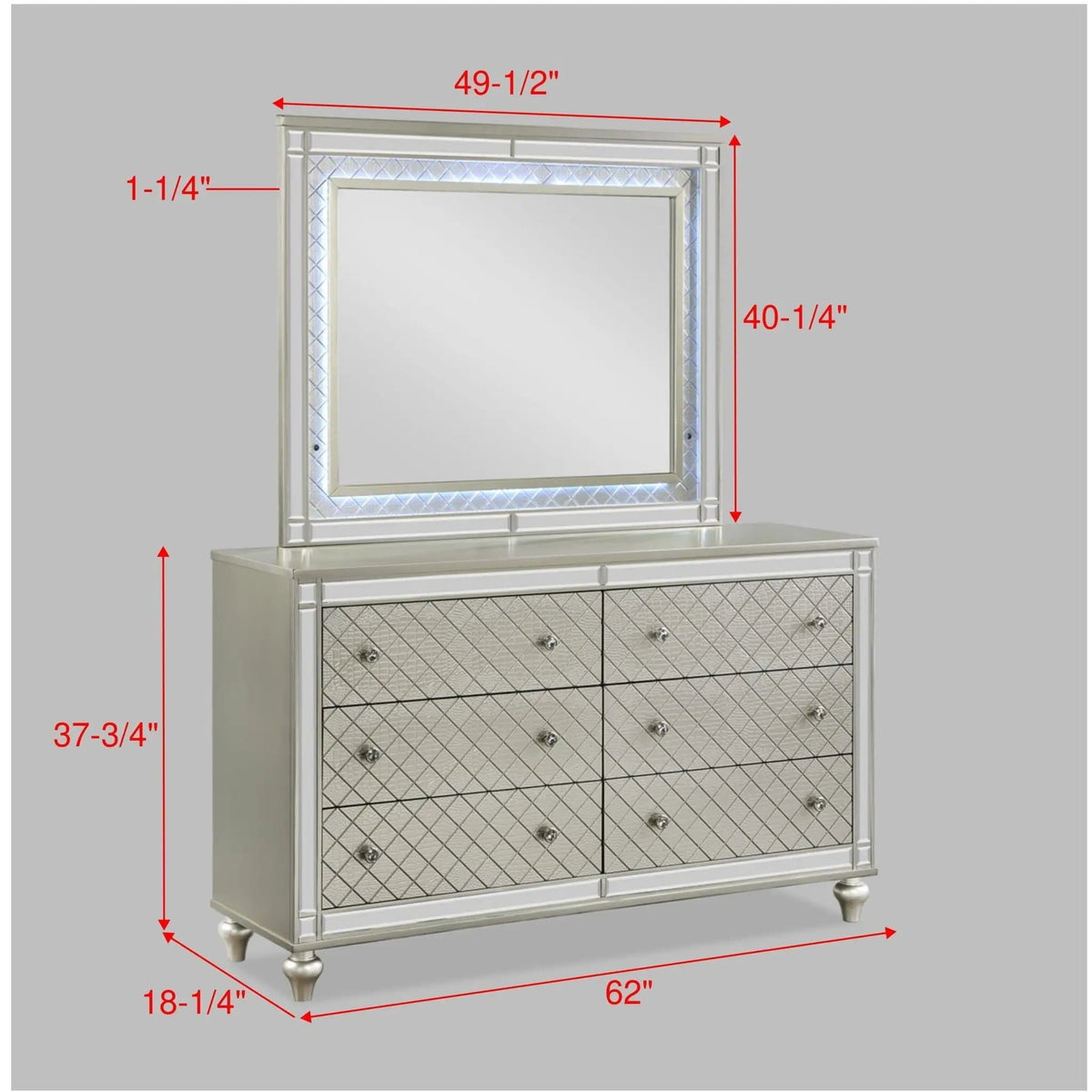 6 Drawer Bedroom Dresser With Diamond Patterned Drawer Fronts - | 62 x 18.3 x 37.8 in | 6-Drawer | Silver