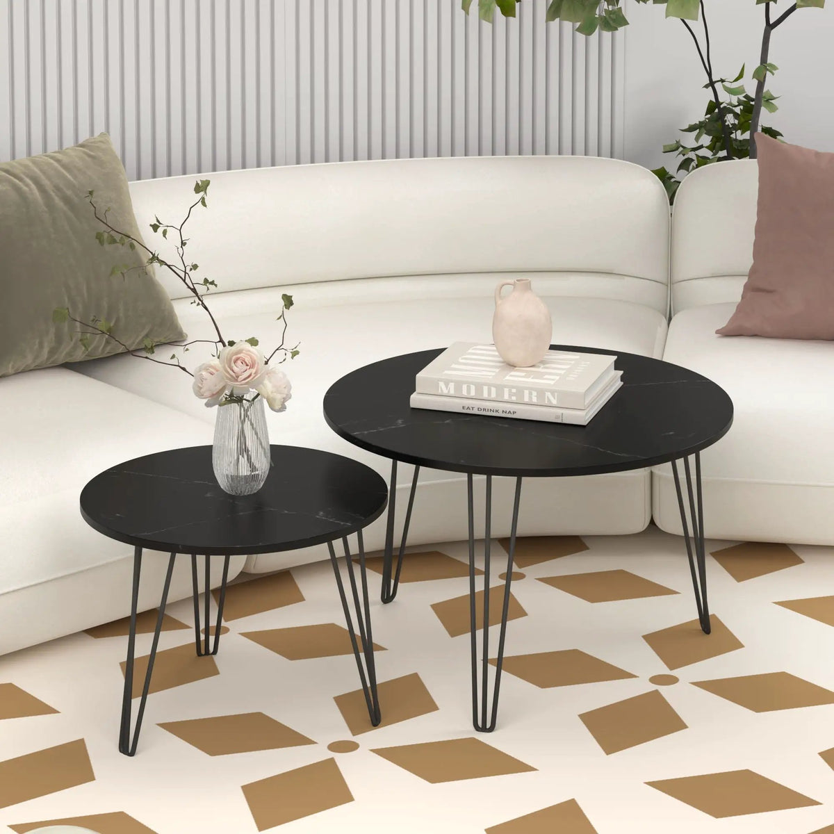 Round Nesting Coffee Table | Faux Marble Top | Steel Base | Set Of 2