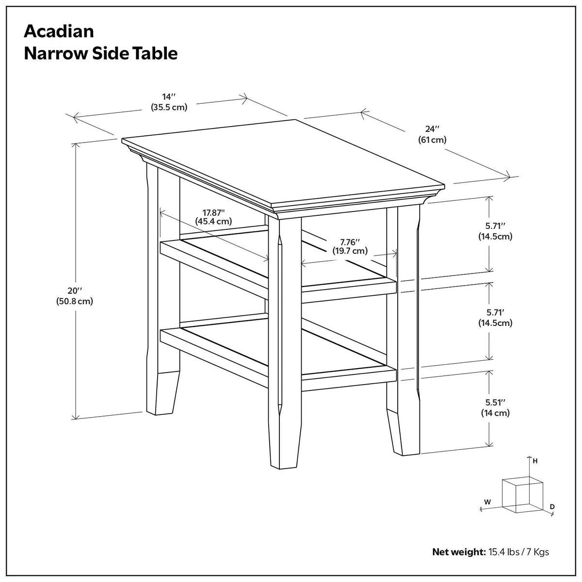 Acadian Narrow Side Table | Handcrafted Solid Wood | 2 Open Storage Shelves | 24 Inch Height