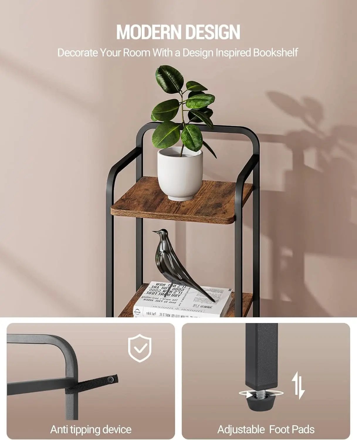 5-Tier Industrial Corner Shelf Narrow Rustic Black Bookcase from PriceLows™