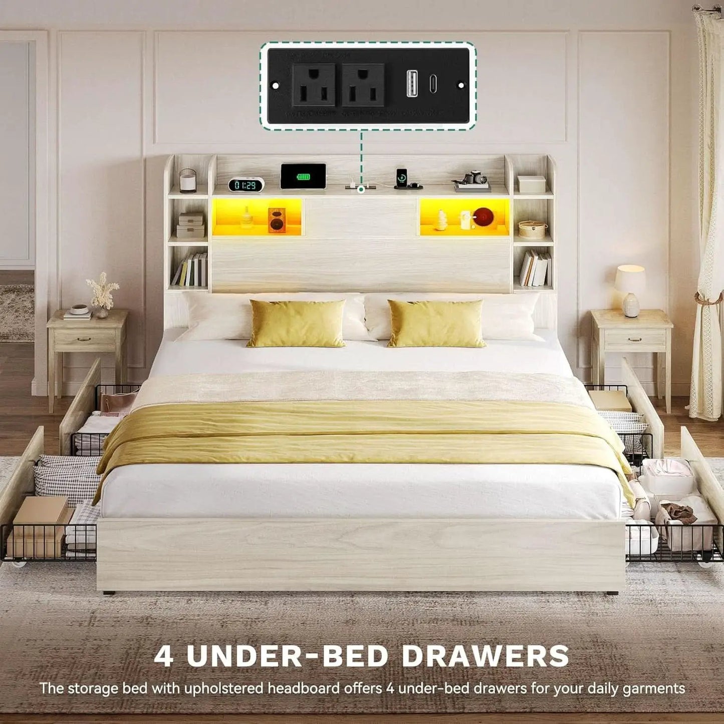 King Size Bed Frame Antique White With Bookcase Headboard from PriceLows™