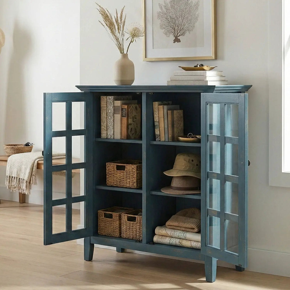 Acadian Storage Cabinet | Medium Handcrafted Solid Wood | Two Glass Doors | Two Adjustable Shelves