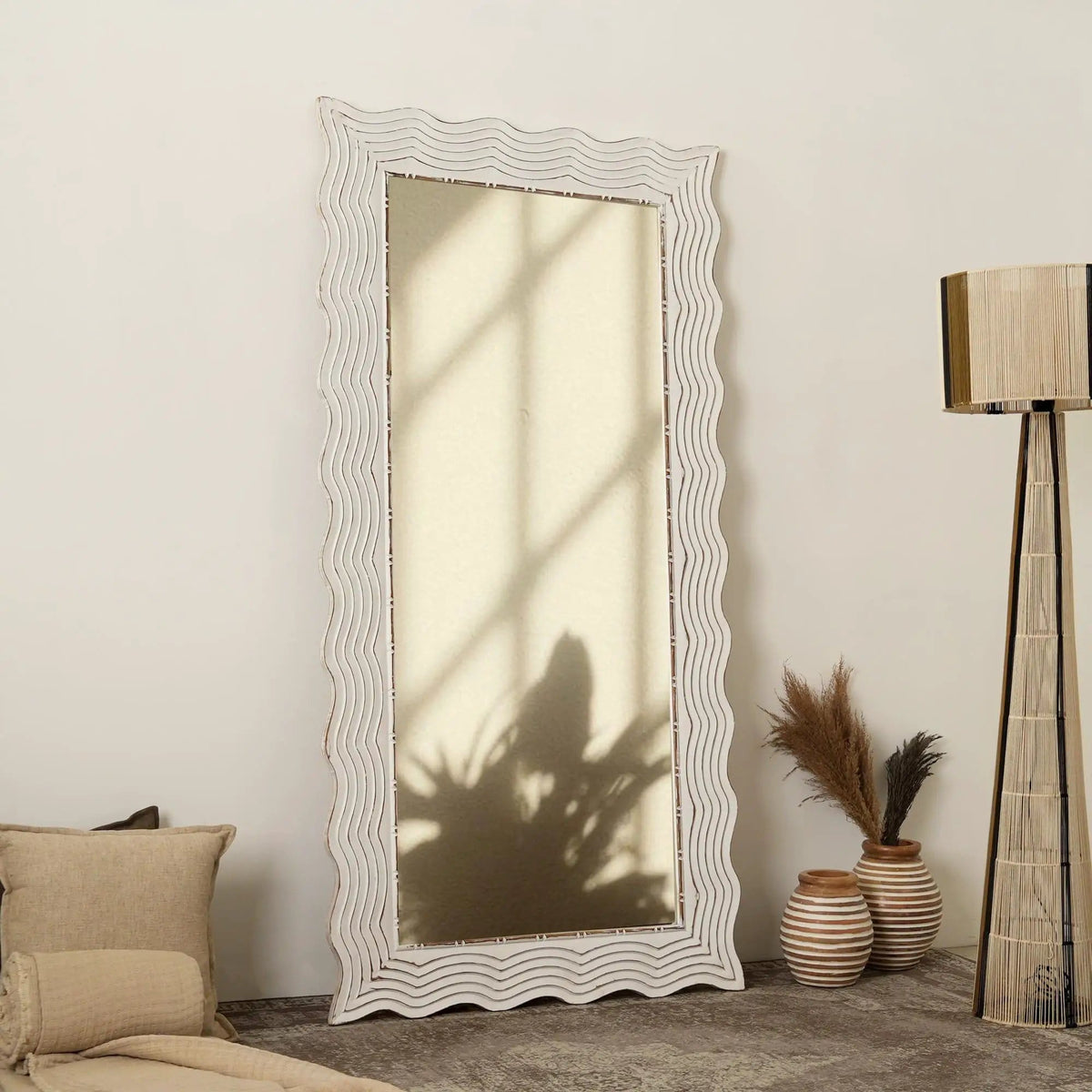 Handcarved Wave Design Rectangle Mirror Accent Enhancing Space Antique | 36 x 1 x 72 in | Glass | White