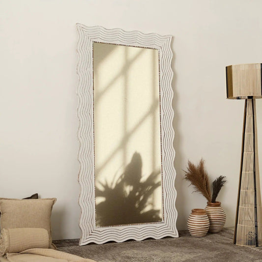 Handcarved Wave Design Rectangle Mirror Accent Enhancing Space Antique | 36 x 1 x 72 in | Glass | White