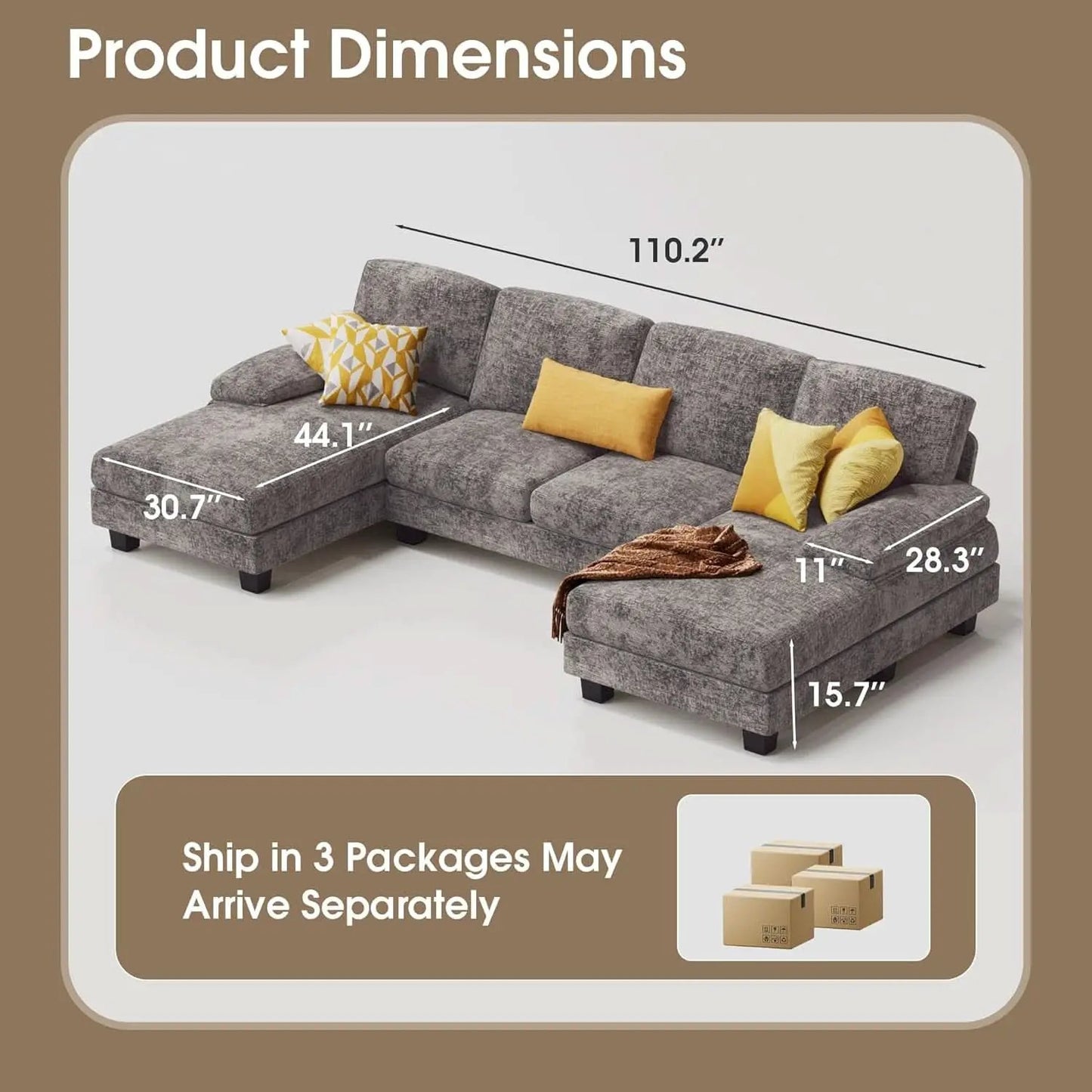 Grey Linen U Shaped Sectional Sofa Couch 4 Seat With Double Chaise from PriceLows™