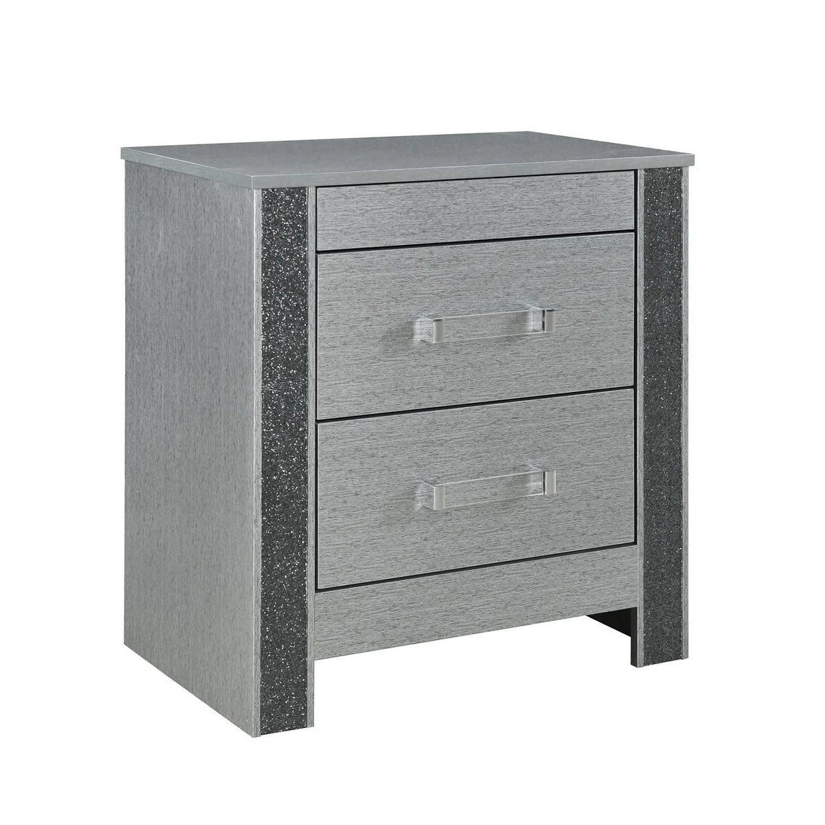 Lorenzo Nightstand | Silver Finish | Hidden Jewelry Compartment | Acrylic Bar Handles
