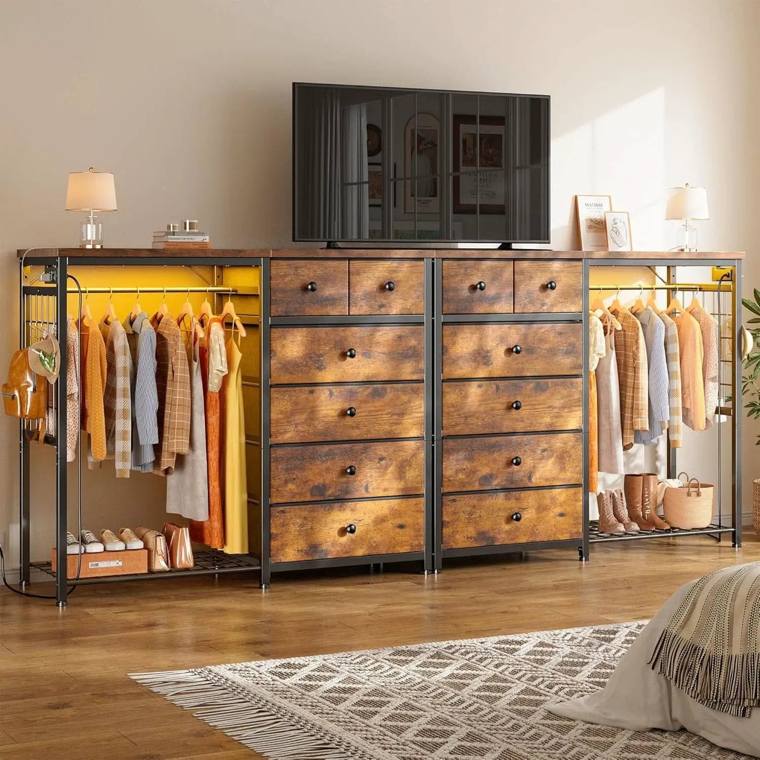 49 Inch Rustic Brown Dresser With Clothes Rack LED Lights from PriceLows™