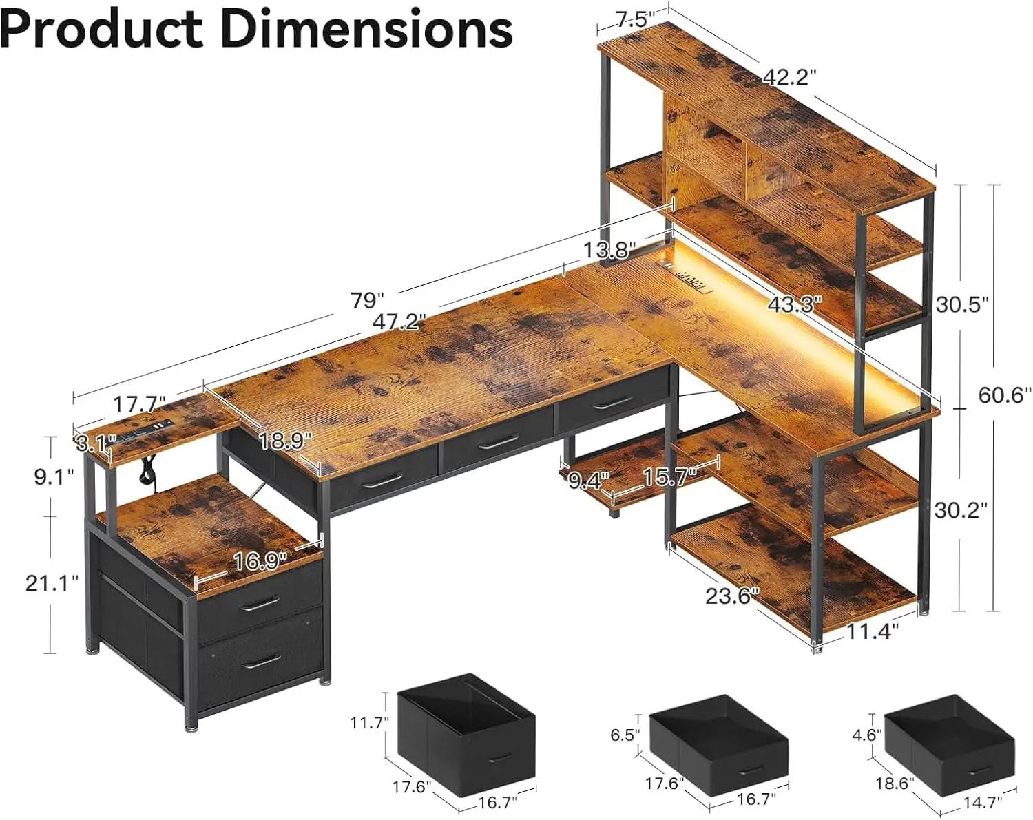 79 Inch L Shaped Desk With Power Outlets And LED Lights from PriceLows™