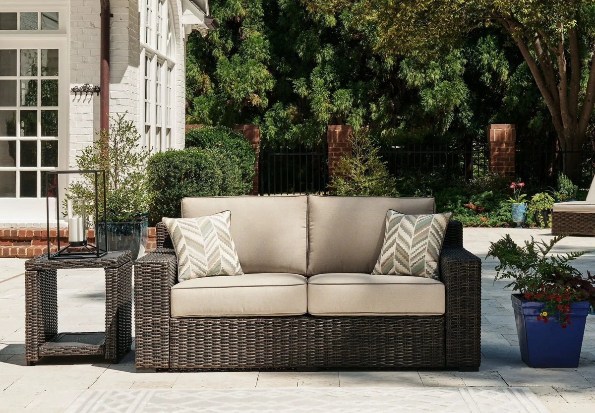 Coastline Bay Loveseat With Cushion | 71 x 36 x 36 in | Polyester & Fabric | Brown