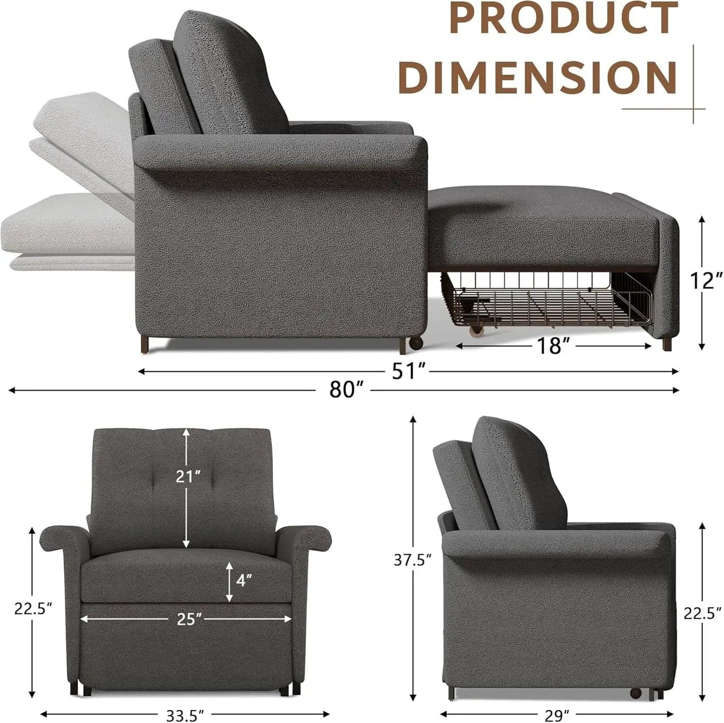 Dark Gray Lambswool Fabric Textured Sofa Bed Chair Storage from PriceLows™