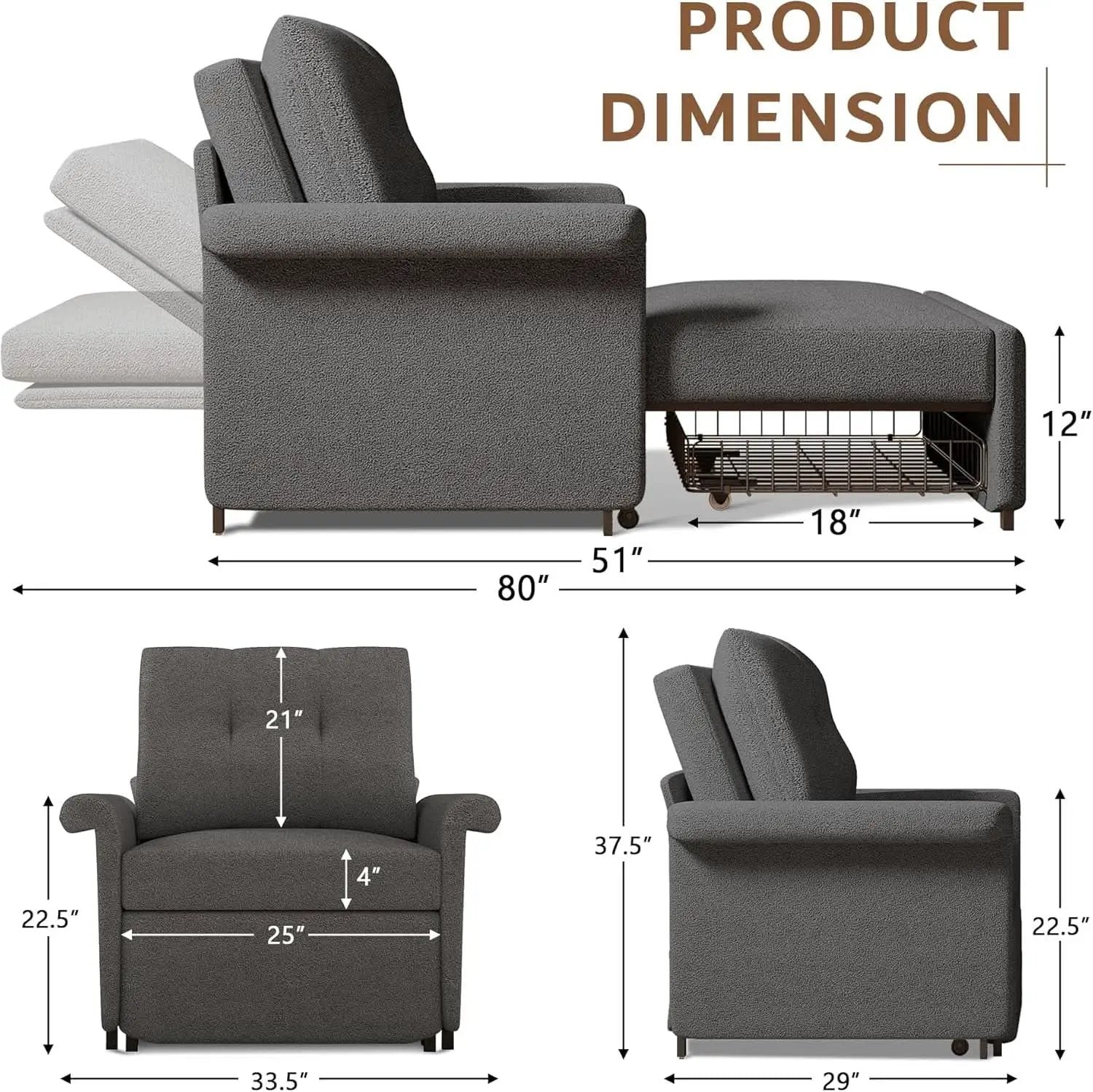 Dark Gray Lambswool Fabric Textured Sofa Bed Chair Storage from PriceLows™