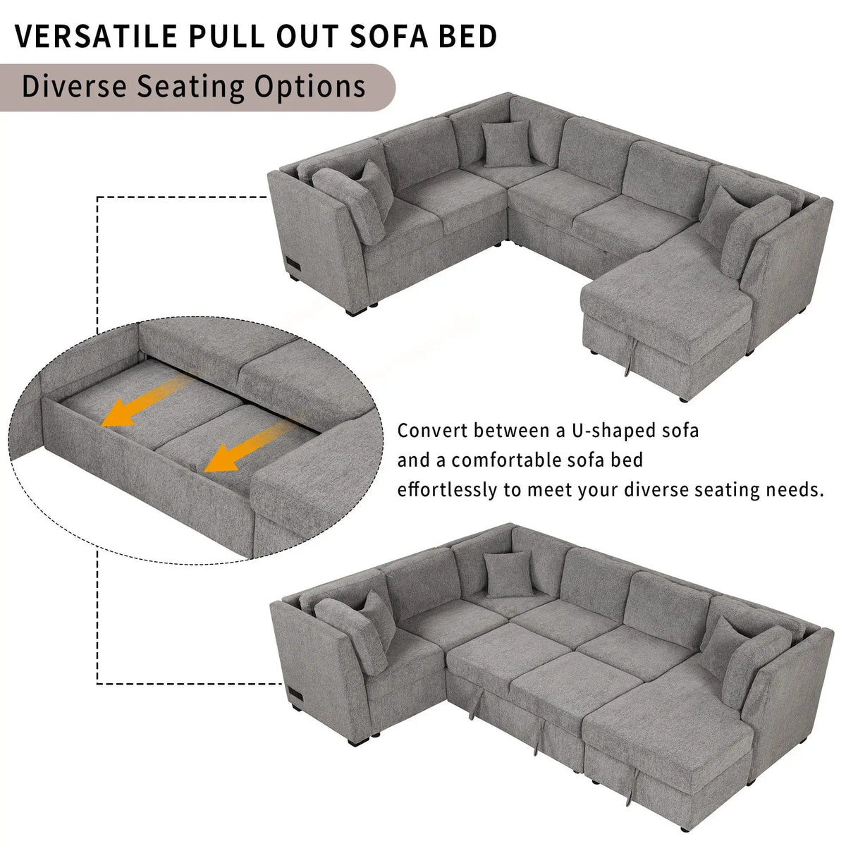 U-Shaped Sectional Sofa Pull Out Sofa Bed With Two USB Ports, Two Power Sockets | 3 Pieces | Fabric | Bedroom