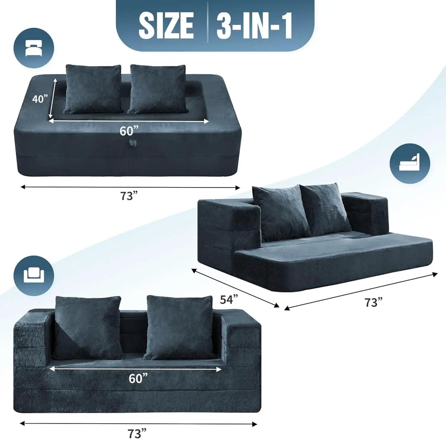 Blue Gray Large 3-In-1 Folding Bean Bag Couch Sofa Bed from PriceLows™