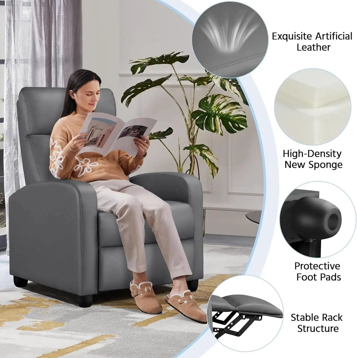 Gray PU Leather Recliner Chair With Lumbar Support from PriceLows™
